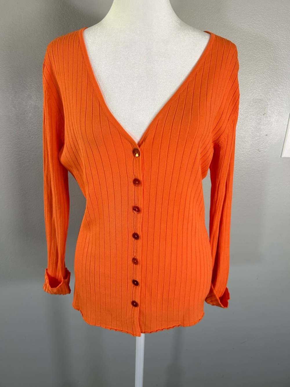 Loulou Studio Ribbed V-Neck Bright Orange Cardigan Sweater Bold Lightweight